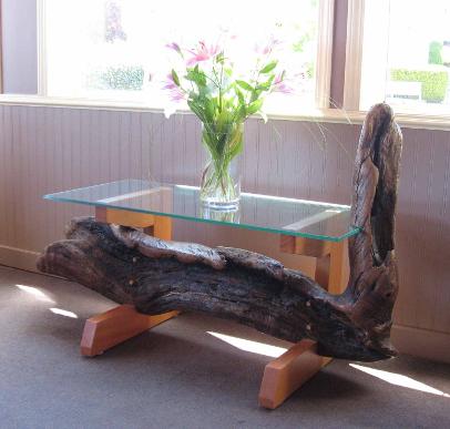 Driftwood whale table with glass top