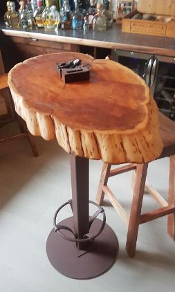 Yew wine tasting table with iron stand and feet rest